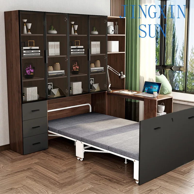 Space Saving Folding Bed for Small Apartment with Integrated Bookcase and Pull Out Design Modern Minimalist Invisible Multi