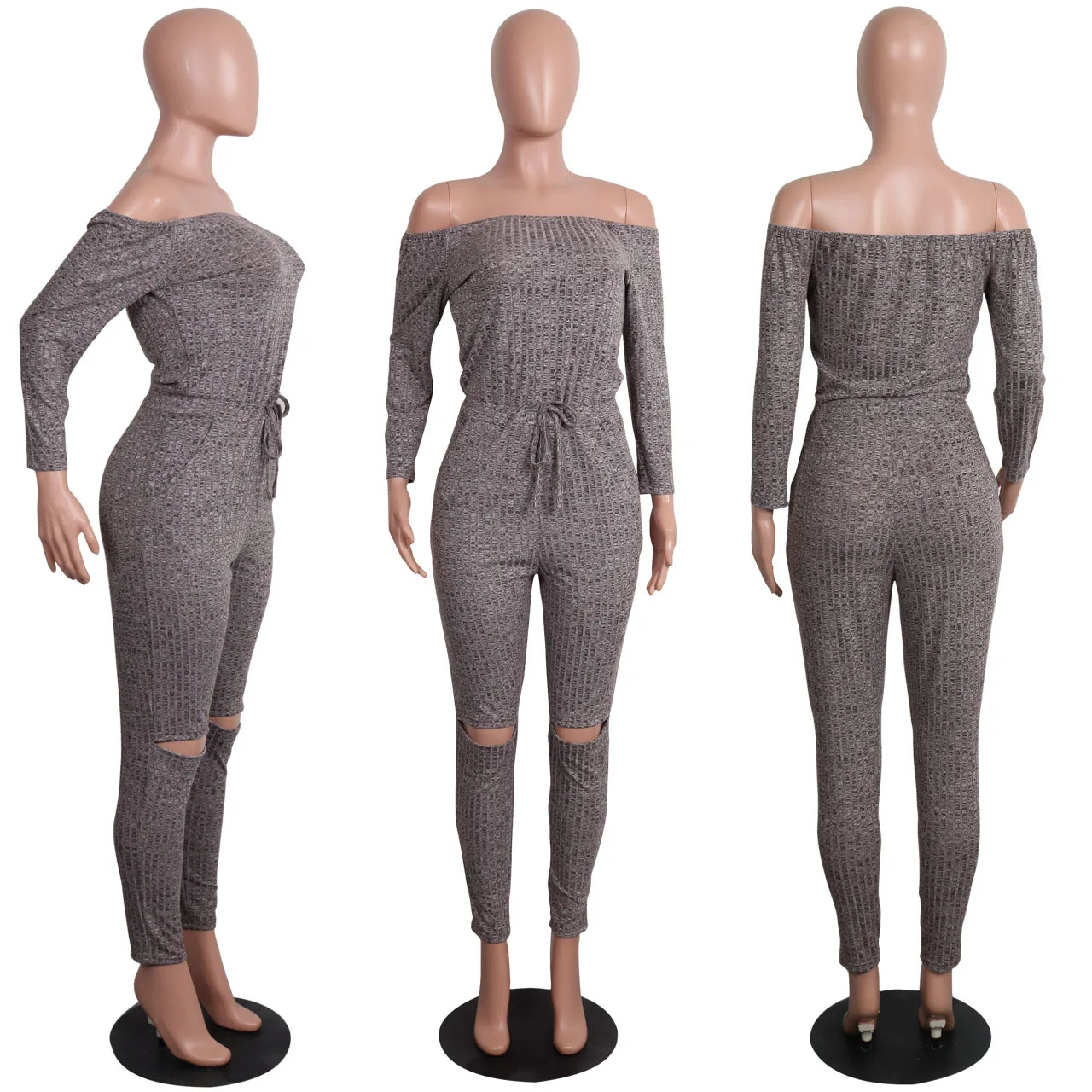 BKLD Women Off Shoulder Jumpsuit Bodycon Long Sleeve Clubwear Knitted Hollow Out Pants Rompers Skinny Sexy Jumpsuits Female 2024