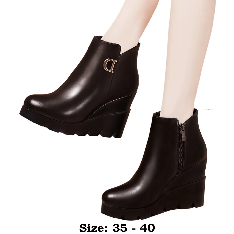 

High quality short ankle leather wedge boots for women 9cm high heel platform 2024 autumn winter 39 40 elegant shoe black