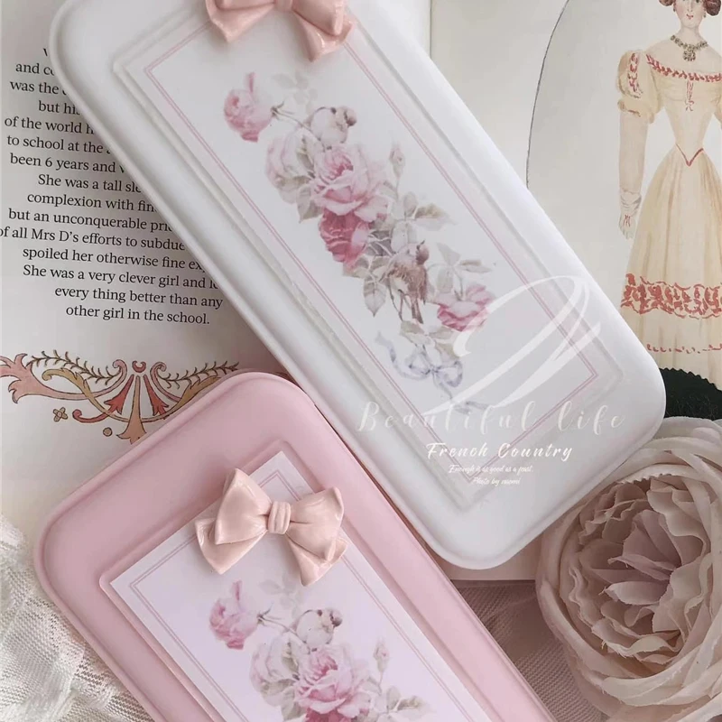 Korean Stationery Box New Girls Makeup Brush Storage Box Elegant Pink Bow Retro Room Decor Student Supplies Storager Organizer