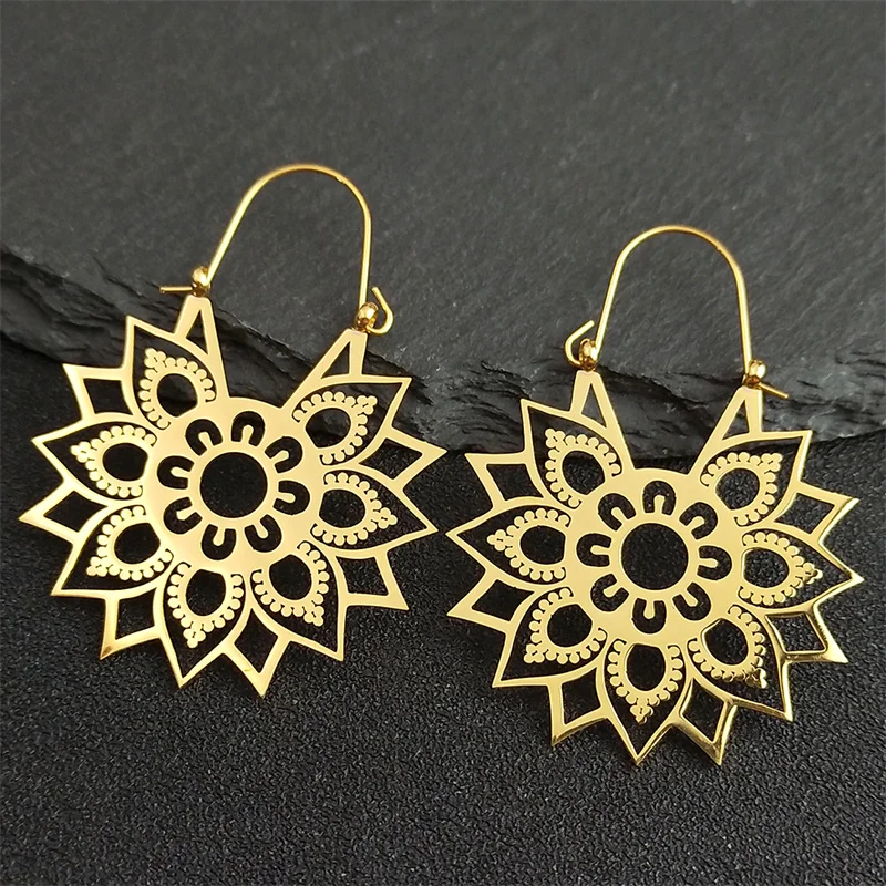 Trendy Yoga Lotus Flower Earrings Stainless Steel Gold Color Hoop Earrings for Women Jewelry boucles d'oreilles E9360S01