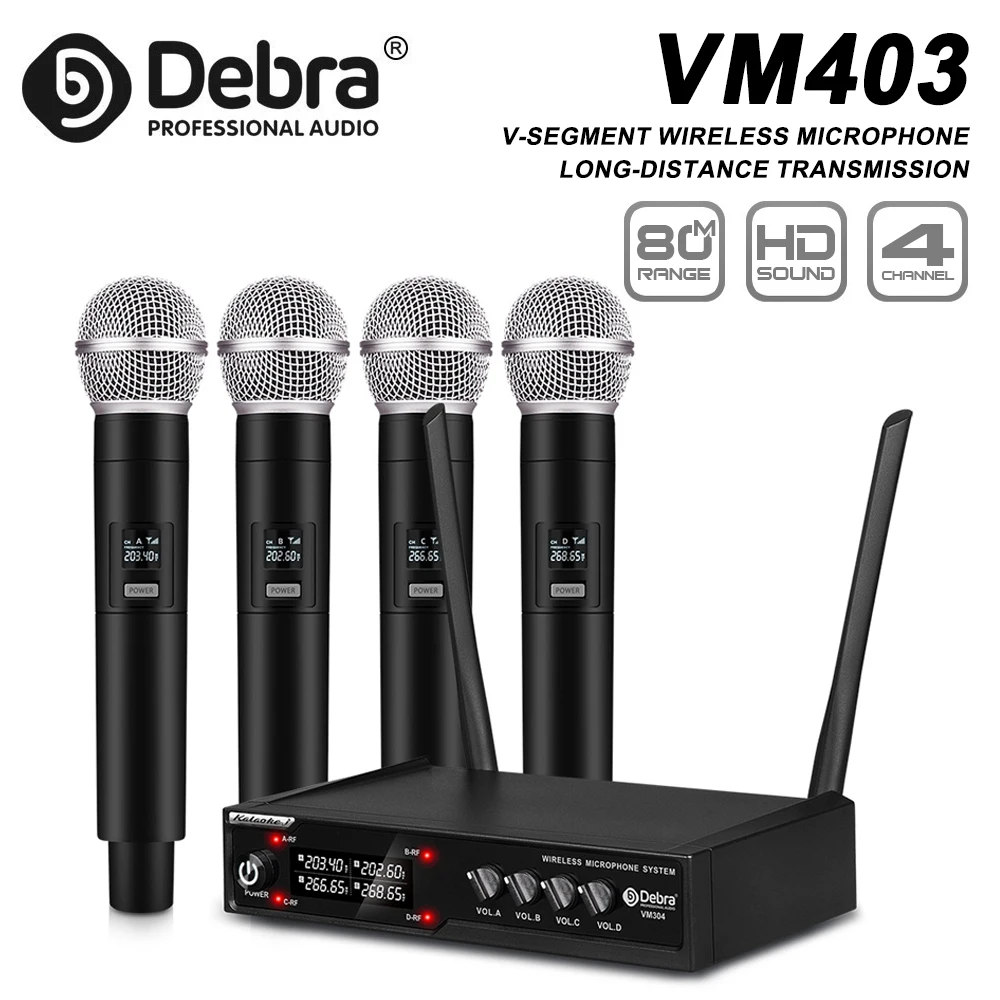 نظام ميكروفون لاسلكي Debra VM304 VHF مع 4 ميكروفونات لاسلكية محمولة، 80 مترًا، للكنائس والمحاضرات والكاريوكي