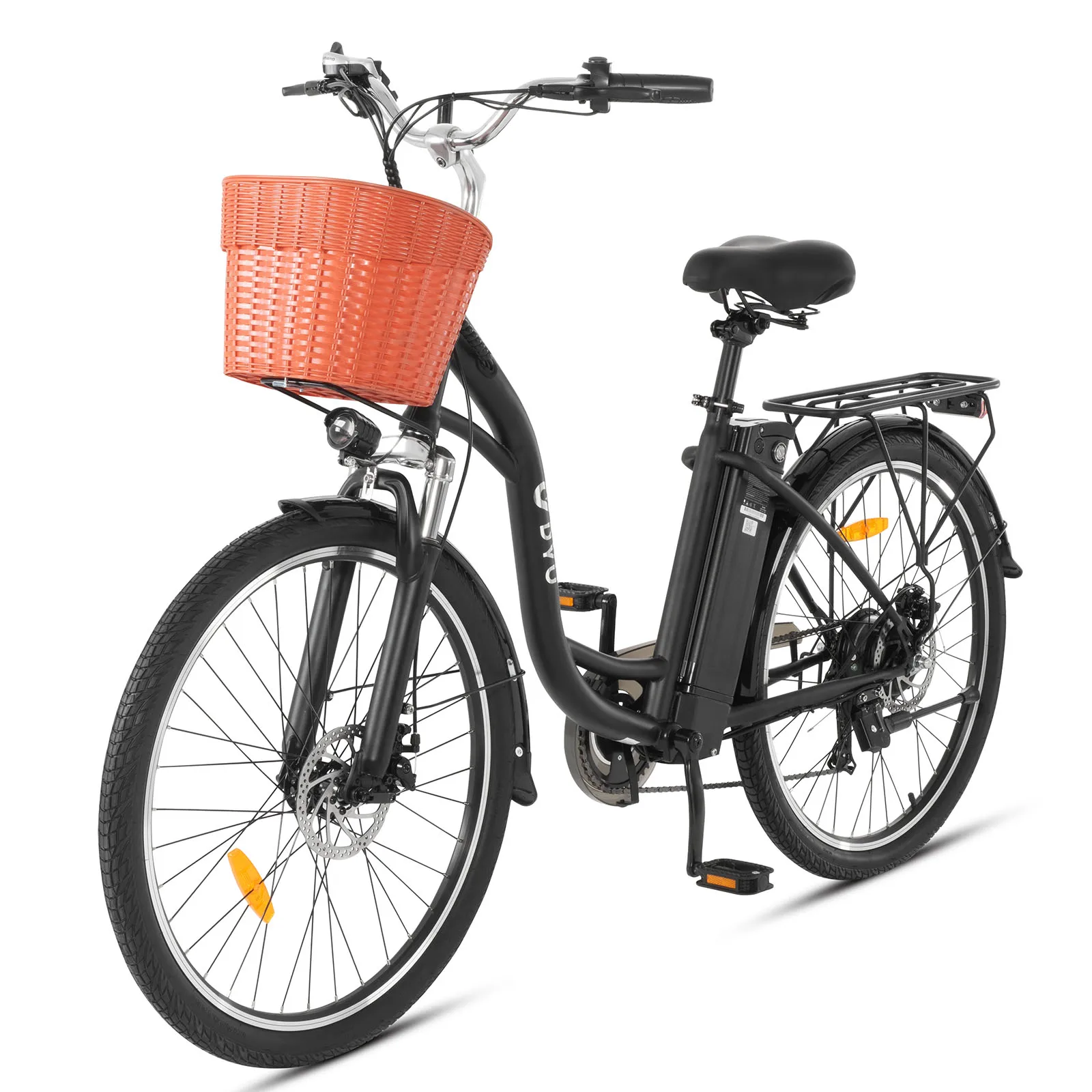 DYU C6, bicicletta elettrica da 26 pollici, potenza massima 350 W, batteria rimovibile da 36 V e 12,5 Ah, dotata di doppi freni a disco e sistema di trasmissione Shimano a 6 velocità.