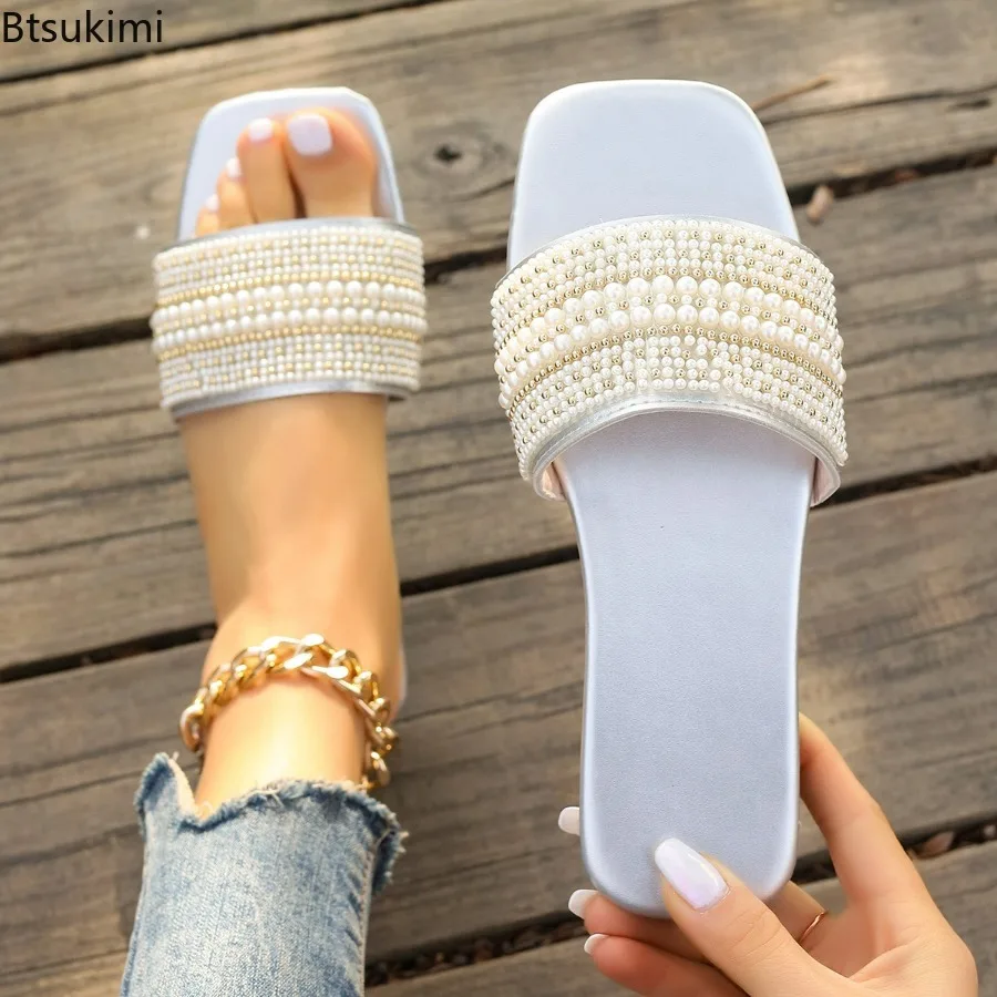 New Pearl Cross Fashion Ladies Slippers Luxury Designers Sandals Summer Women's Outdoor Casual Flat Shoes Comfort Beach Slippers