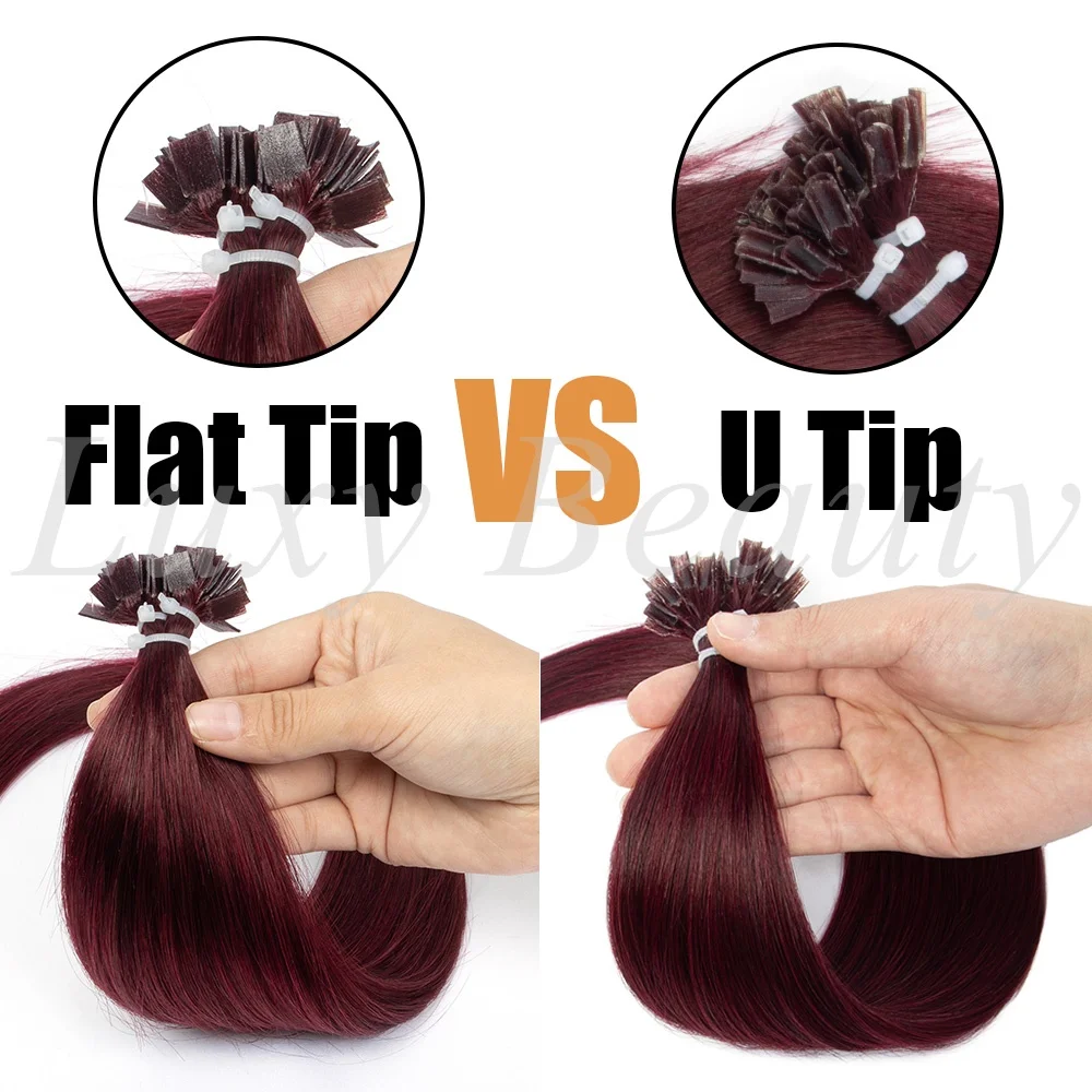 Natural Burgundy U Tip Hair Extensions Human Hair Keratin Nail Tip Hot Fusion Hair Extension for Women 99J Pre Bonded Hair 50pcs view 2