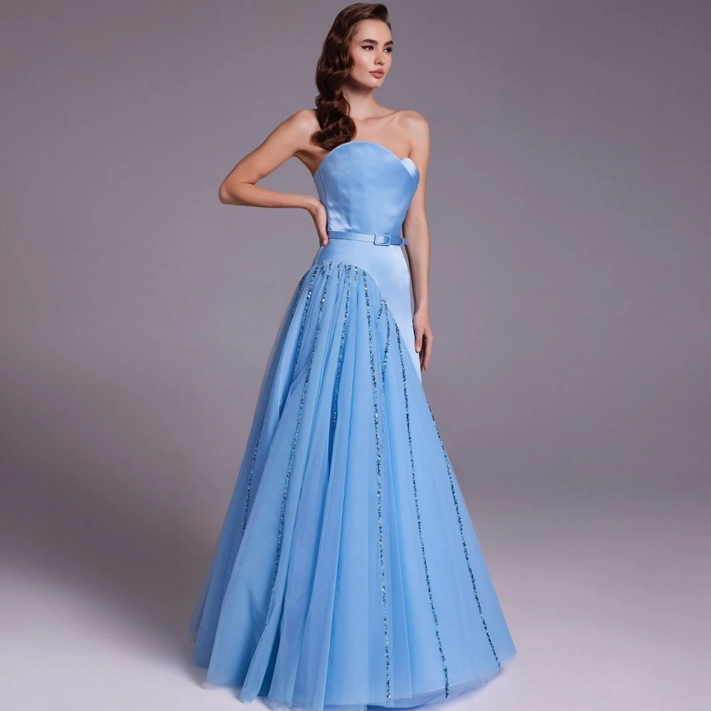 

Tulle Sash Beading Evening A-line Strapless Bespoke Occasion Gown Long Dresses