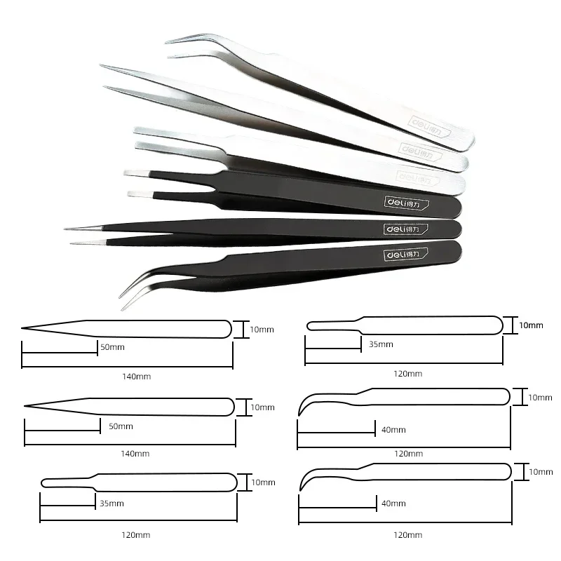 DELI Precision Tweezers Anti-Static Stainless Steel Tweezers Repair Tools for Electronics Repair Soldering Craft Tools