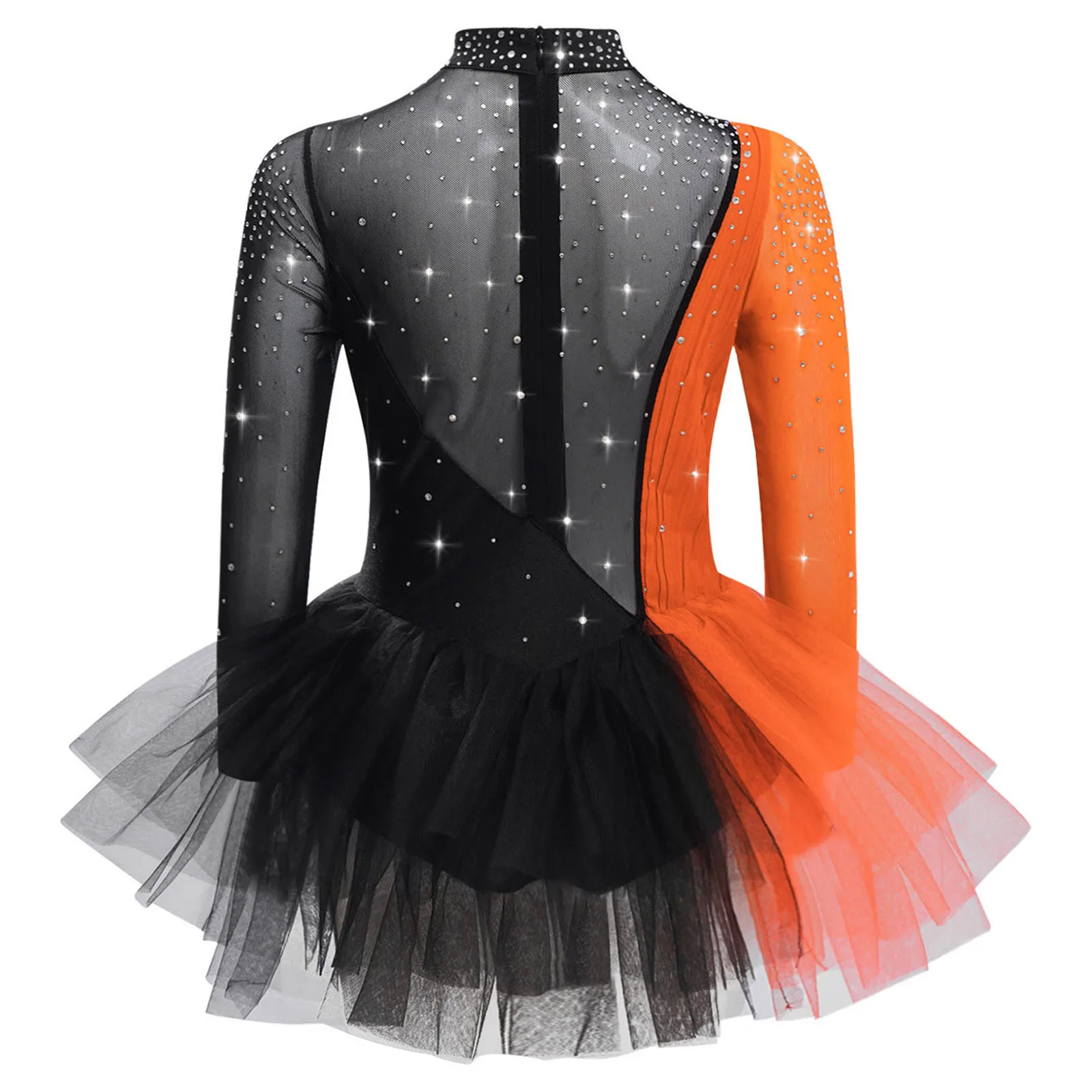 Girls Figure Skating Ballet Dance Gymnastics Acrobatics Tutu Long Sleeve Shiny Rhinestones Sheer Mesh Leotard Dress Dancewear