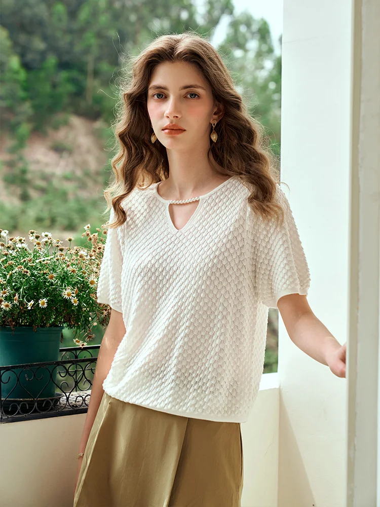 OLrain-jerséis de punto con cuello en V francés para mujer, Tops holgados de manga corta con perlas y cuello redondo, verano 2025, O24XZ92208