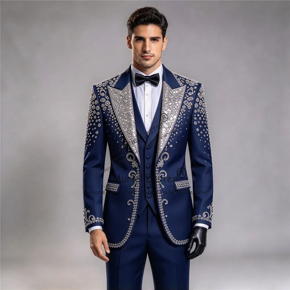 Sparkling Beaded Stones Men's Tuxedo Suit For Wedding Sequins Lapel Single Breasted Groom Banquet Attire 3 Pieces Man Party Coat