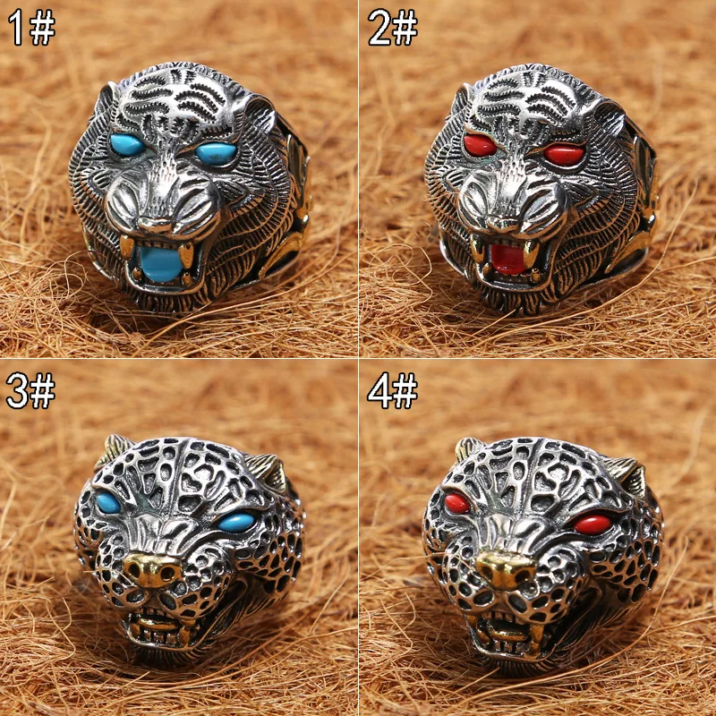 

silver ornament exaggerated and personalized vintage Thai silver ring inlaid turquoise Tiger Ring single male domineering