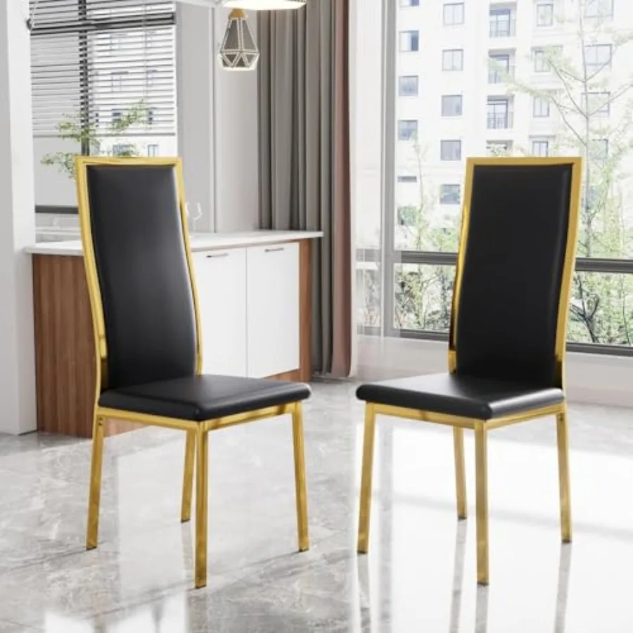 

Комплект из 2 современных обеденных стульев, черная искусственная кожа, хромированные золотистые металлические ножки, изогнутая высокая спинка, мягкая обивка, дизайн в стиле середины века