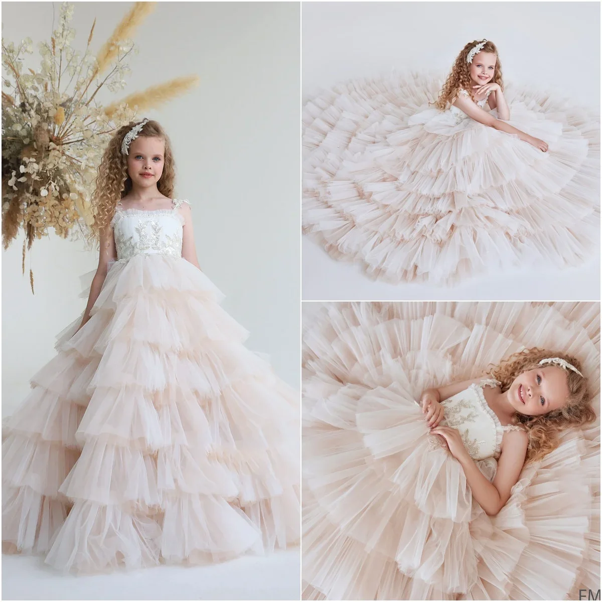 ノースリーブティアードエレガントガールキッズ誕生日パーティー初聖体拝領ドレスブラッシュピンクフラワーガールドレス結婚式用スパンコール