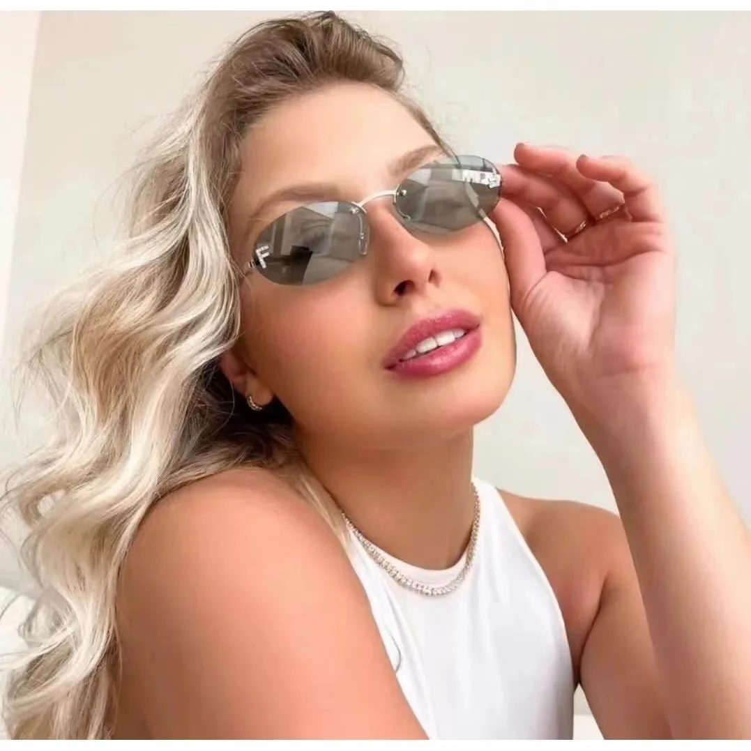 Elegant Diamond Oval Sunglasses Male Letter "F" Rimless Sunglasses Female image 2