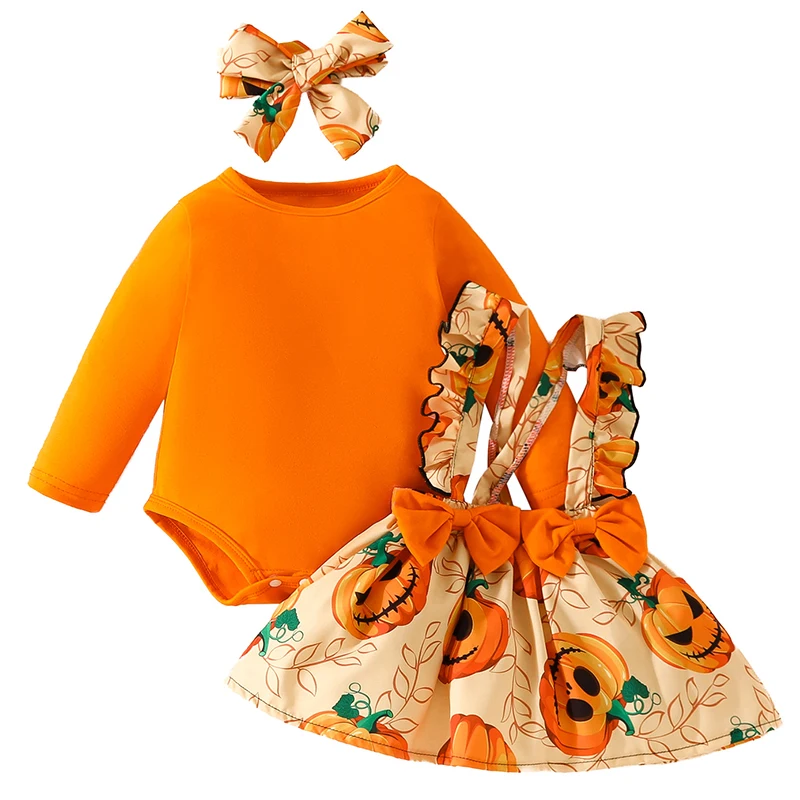 

3Piece Fall Baby Halloween Outfit Newborn Girls Clothes Cartoon Cute Pumpkin Bodysuit+Skirt+Headband Kids Clothing Set BC739