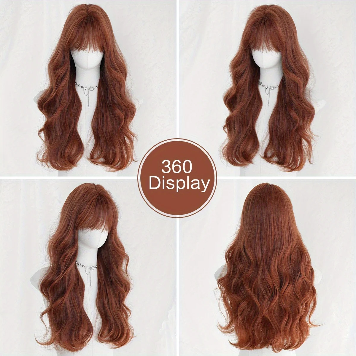 7JHH WIGS Long Water Wave Coppery Brown Wigs for Women Synthetic Modest Fashion Wear and Go Orange Wigs with Neat Bangs - view 5