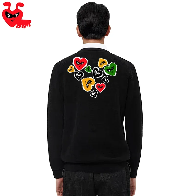 Break Egg Men V-neck Cardigan Cotton Ant Embroidered Colorful Multi Heart Printed Single Breasted Long Sleeve Autumn Sweater