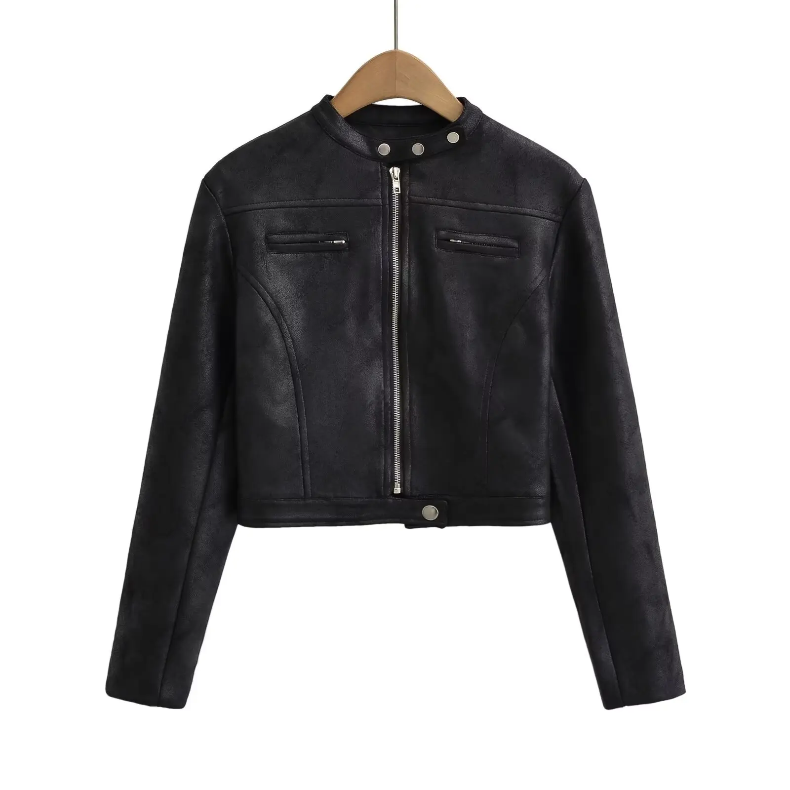 Street Style Blogger Short PU Leather Biker Jacket Sweet Cool Zipper Vintage Top Women's Fashion Straight Cut Regular Thickness