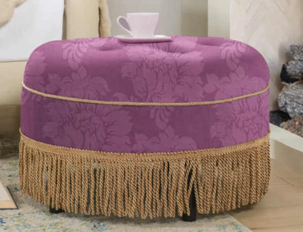

Yolanda 24" Round Upholstered Accent Ottoman, Purple Floral Sateen Jacquard with Gold Trim