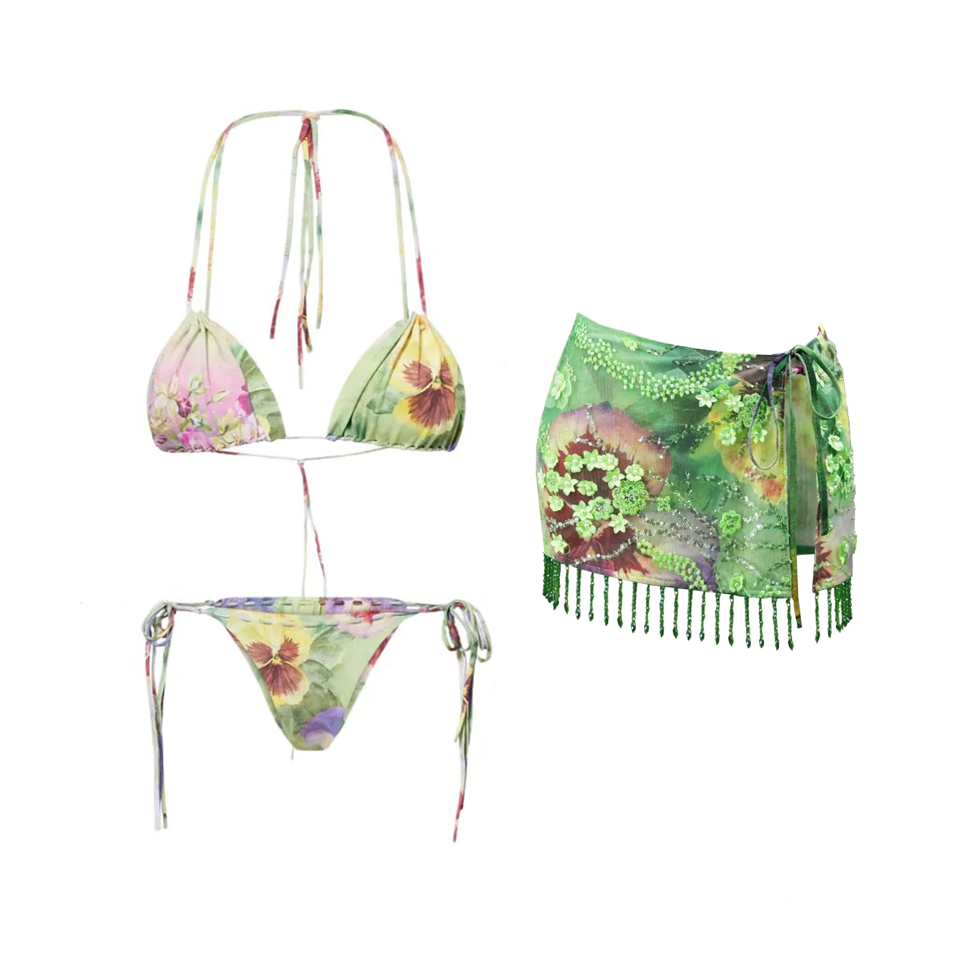 3Pcs Floral Bikini With Diamond Skirt Women Sexy Swimsuit Push Up Swimwear 2025 Bandeau Biquini Female Bathing Suit Beach Outfit