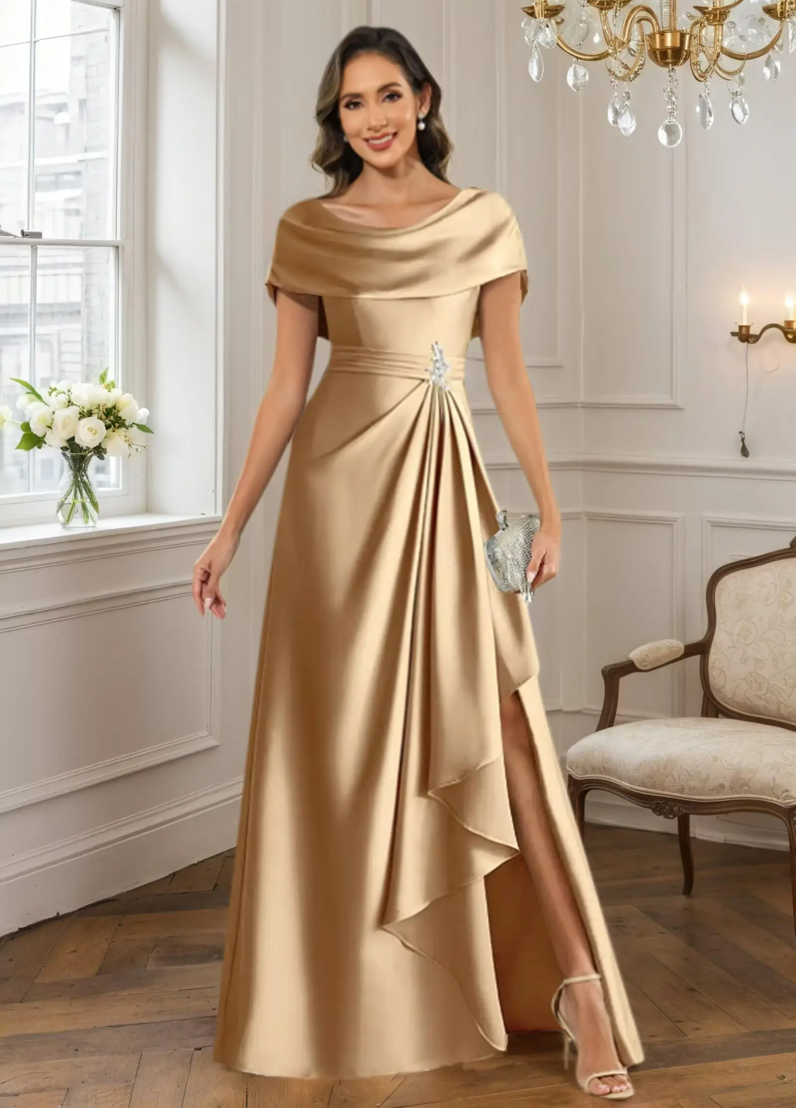 

Women's Cape Sleeve Satin Mother of The Bride Dresses for Wedding Long Ruffles Formal Evening Gowns with Slit