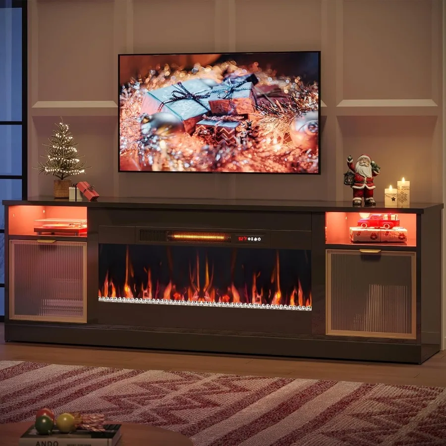 

70 Inch Fireplace TV Stand Designed for TVs up to 80 Inches Featuring a 36 Inch Electric Fireplace with Modern High Gloss Finis