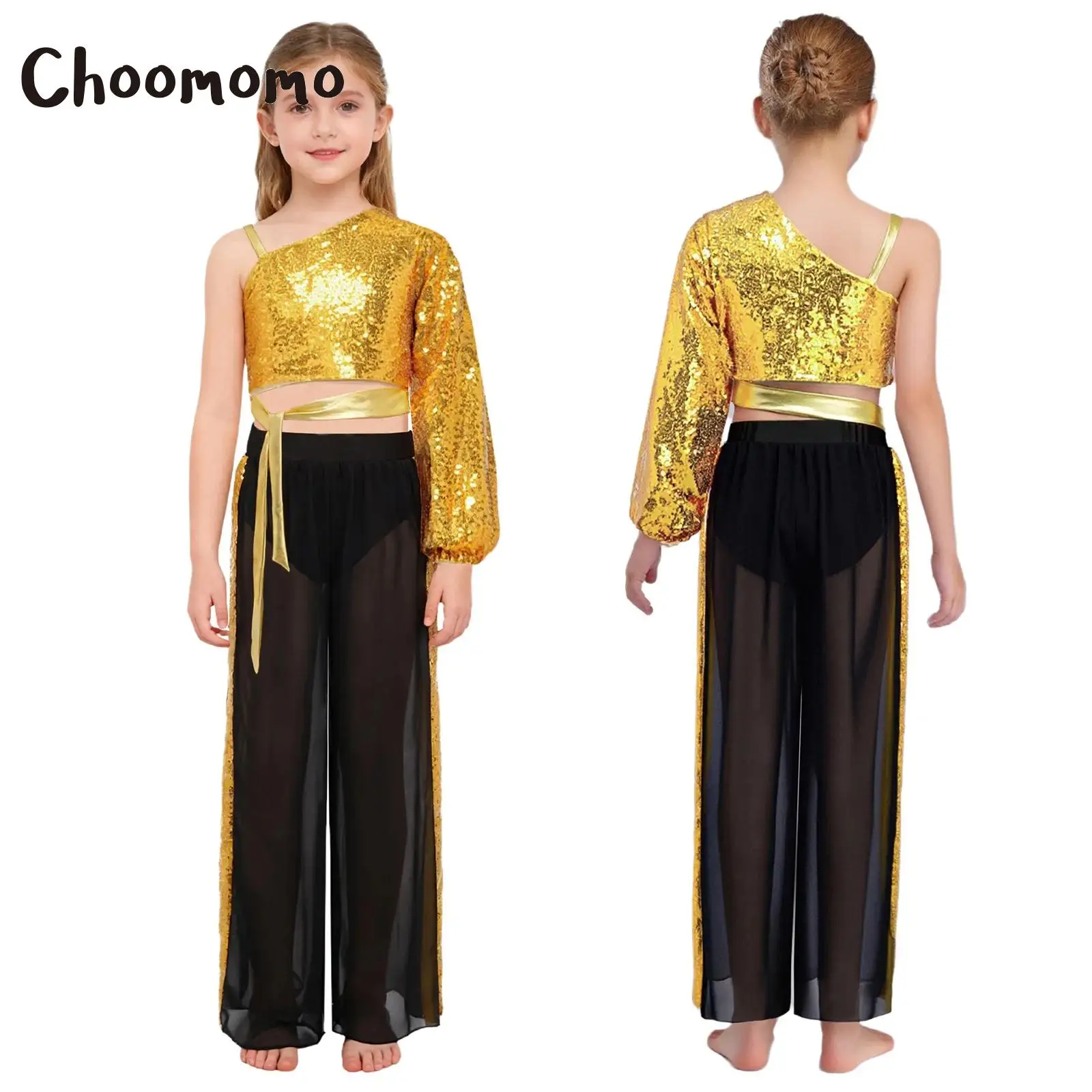 

Girls Shiny Sequins Lyrical Dance Outfit One Shoulder Long Sleeve Side Crop Top And Chiffon Wide-Leg Pants Ballet Jazz Dancewear