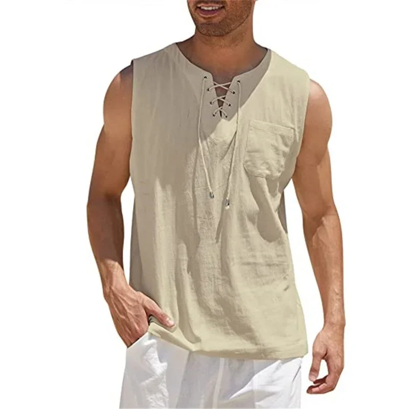 New Hot Selling Men\'s Tank Top Shirt Lace Up Fashion Solid Color Cotton Linen Short Sleeve T-Shirt