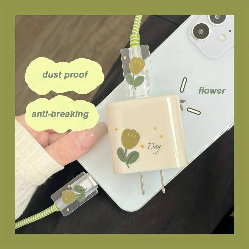 USB Cable Protection For iPhone 15 14 18W 20W Original Charger Protector Cover Green Flowers Protective Data Line Spiral Winder