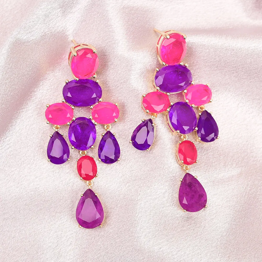 G-G A+ Grade Natural Mix Color Pink Red Purple Quartz Dangle Earrings Handmade Fine Jewelry