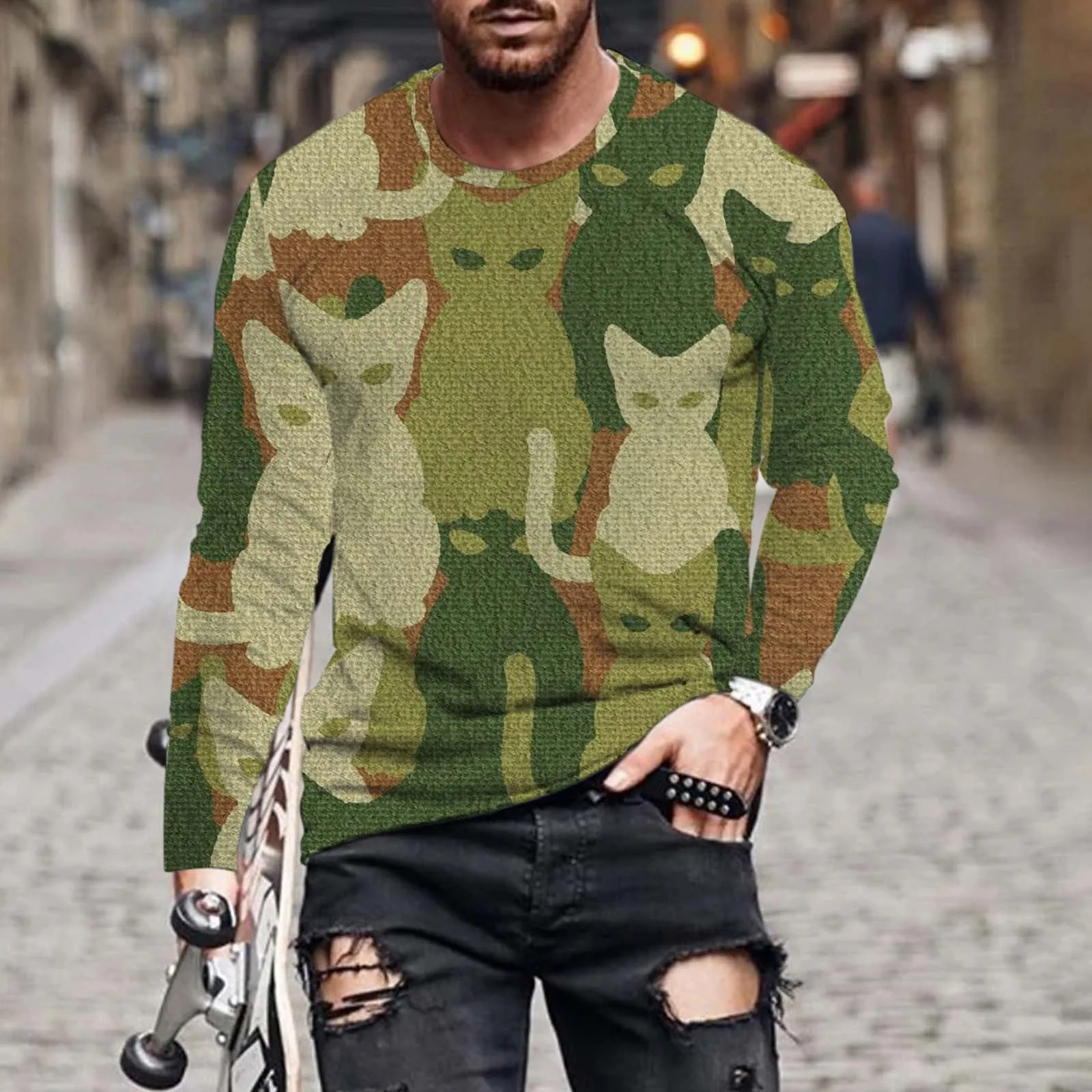 

Fashion Vintage Cat Graphic 3D Printed Men's Long Sleeve T-shirt Japanese Cute Tee Autumn Trendy Comfortable Pullover O-neck Top