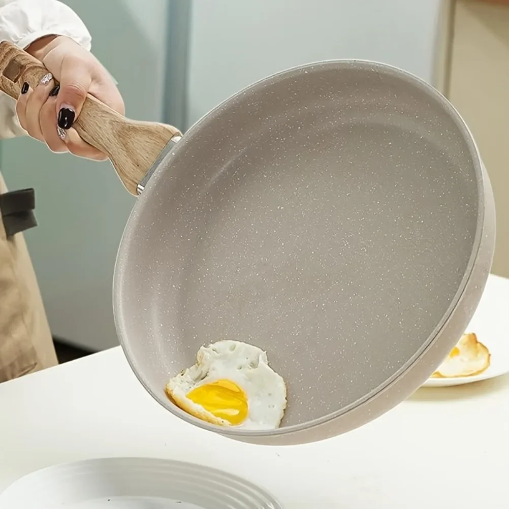 Non Stick Cast Iron Frying Pan Medical Stone Multi Functional Wokes Pans Glass Cover with Wooden Handle Kitchens Accessories