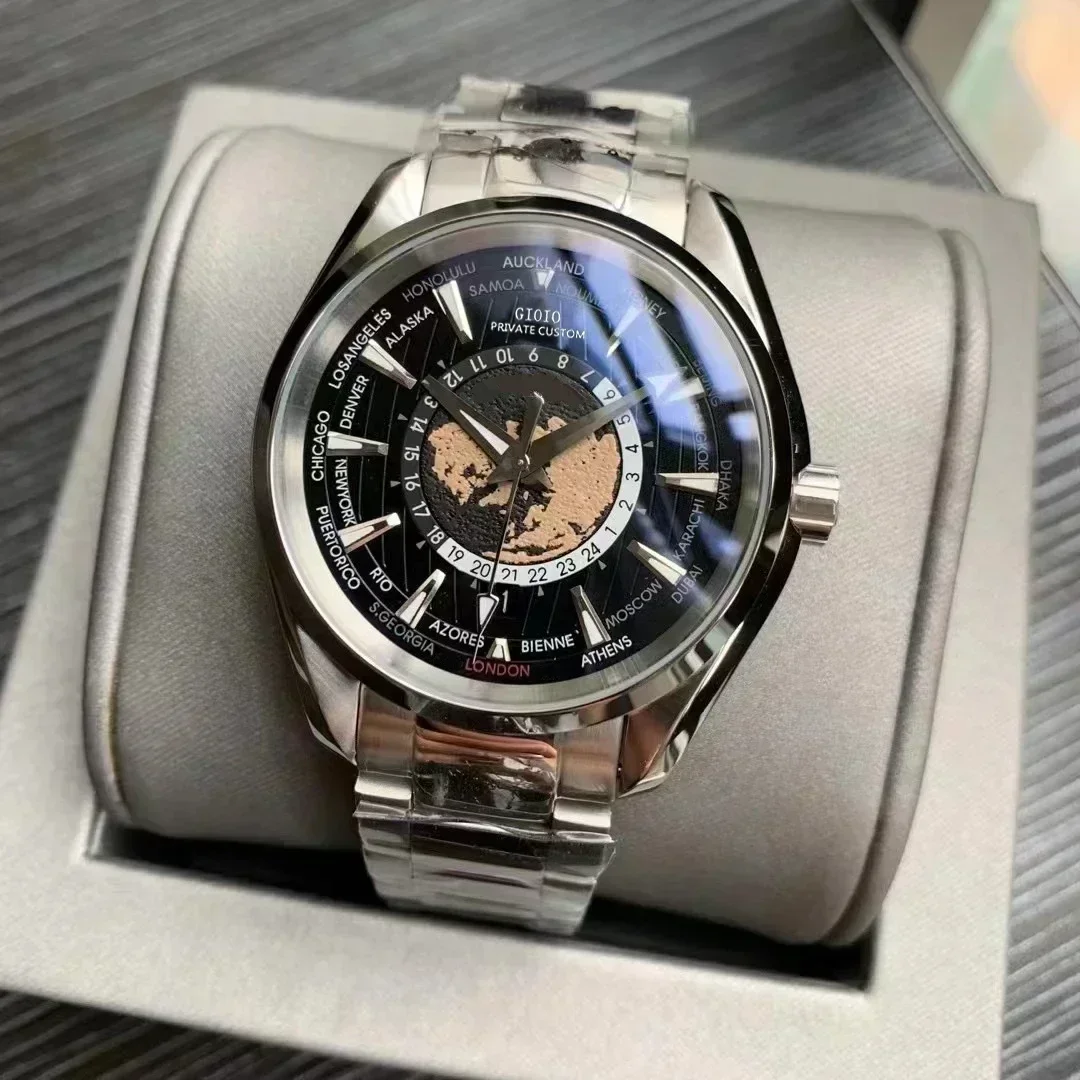 Mens Automatic Watch Mechanical Sapphire Black Blue Rubber Luminous Stainless Steel Rose Gold World Map