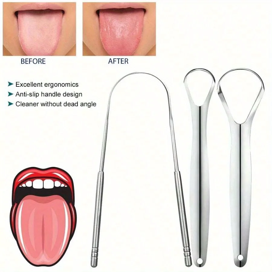 3pcs Set Hypoallergenic Stainless Steel Tongue Scraper with Ergonomic Handle Fresh Breath Oral Care Tool Easy to Use for Adults