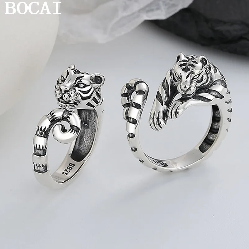 

BOCAI S925 Silver Rings for Men And Women Zodiac Tiger Design Unique Domineering Trendy Couple Gift Jewelry