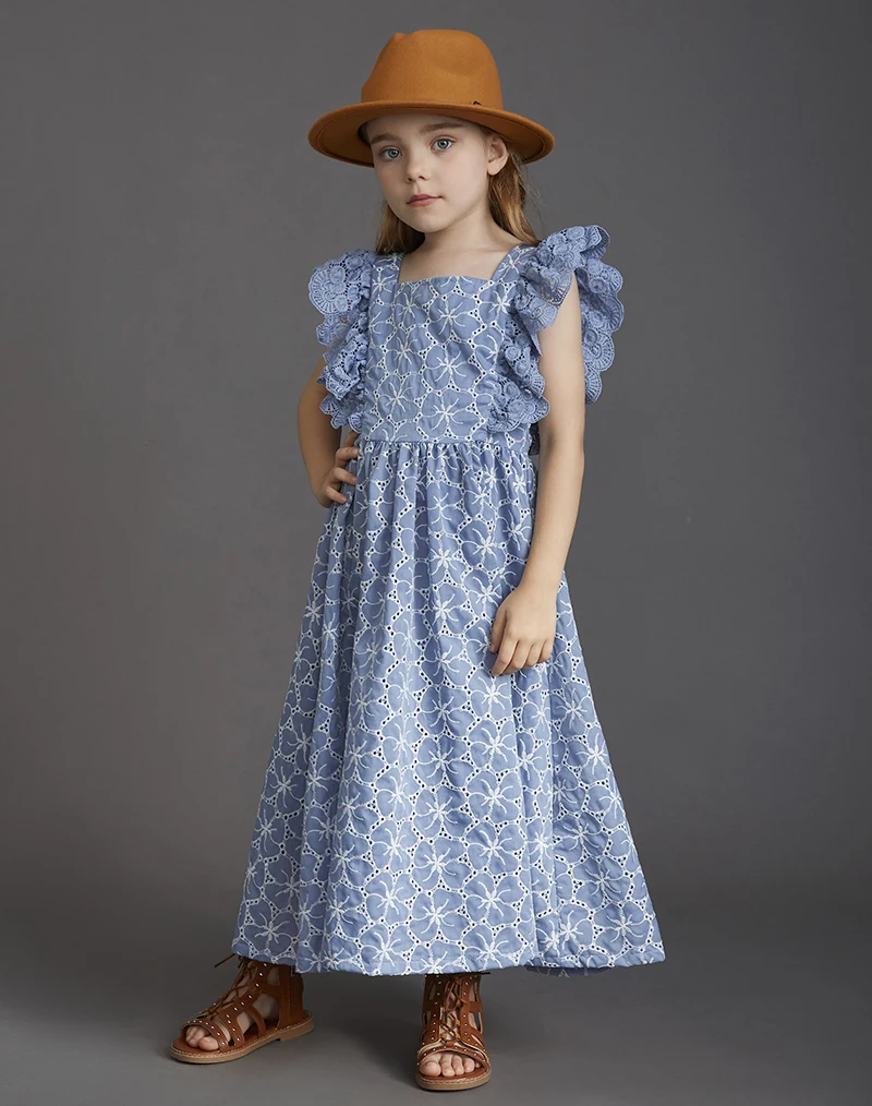 New 2023 Flower Girls Princess Long Dresses Baby Kids Lace Ruffle Armhole Embroidery Vestidos Costume Children Clothing