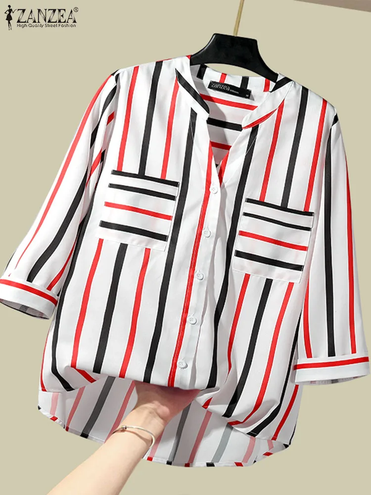 

ZANZEA Fashion OL Work Blouse Women Stripe Shirt Summer 3/4 Sleeve V-Neck Tunic Tops Casual Buttons Down Blusas Oversize Chemise