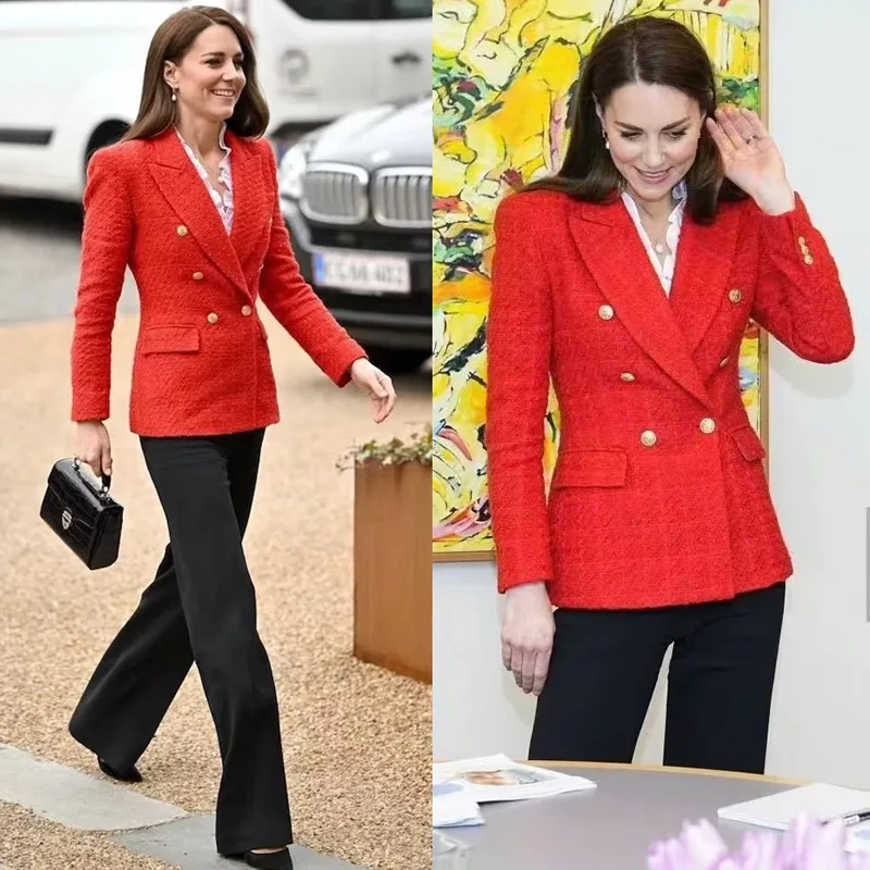 

New Women Solid Coat Fashion Red Double-breasted Slim Coat