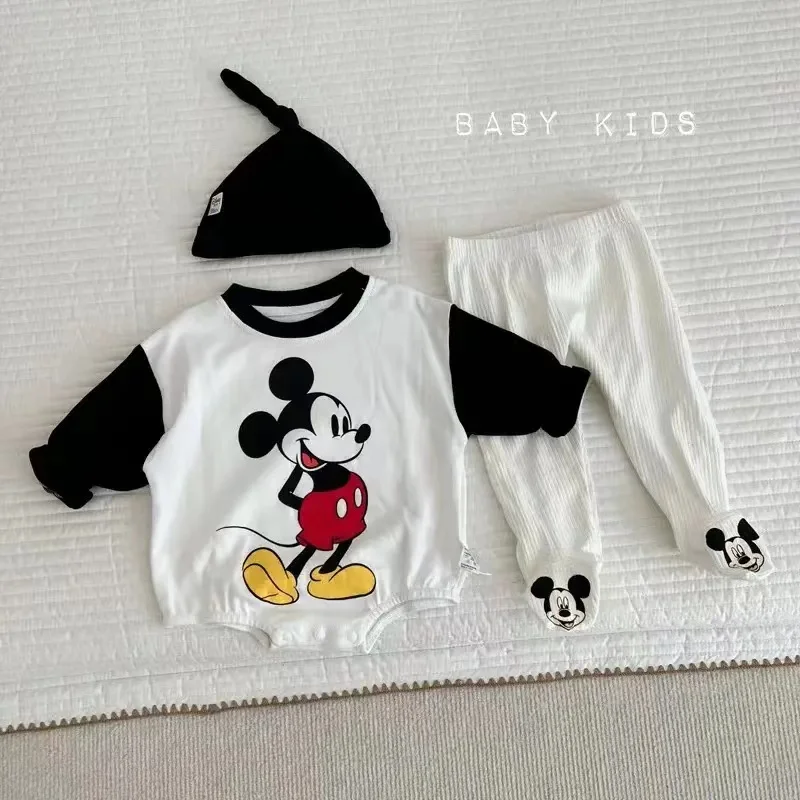 Newborn Baby Boy Romper+Legging Sock+Hat 3Pcs Set Cartoon Mickey Mouse Print Girl Clothes Infant Jumpsuit One Piece Bodysuit