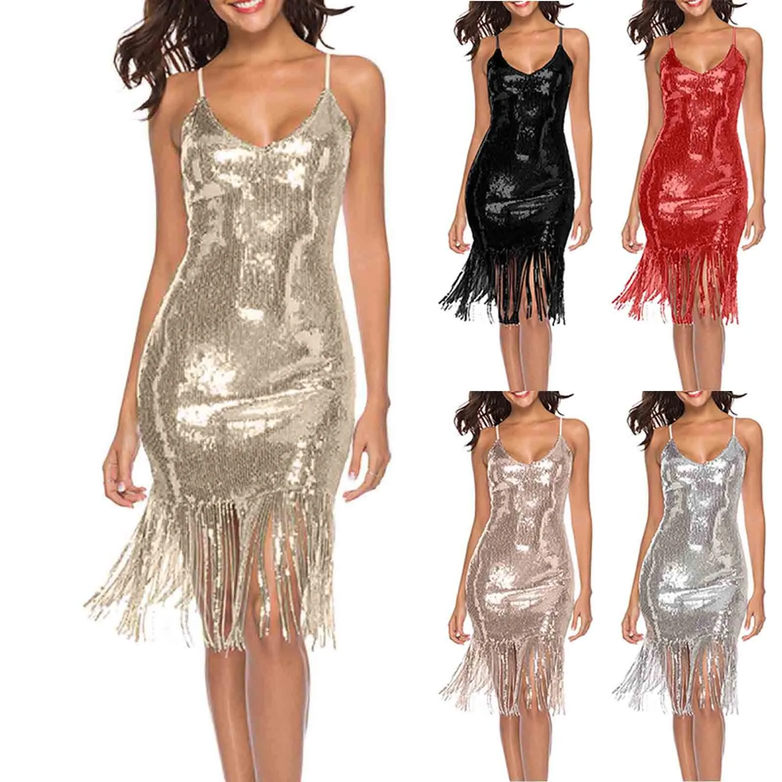 PLUS ขนาด 1920s Flapper ชุดเลื่อมลูกปัด Great Gatsby PARTY Fringe ชุด V คอกลีบแขนเย็บปักถักร้อย MIDI ชุด 2024