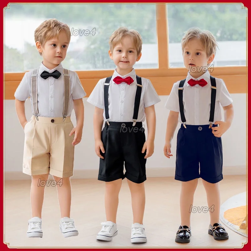 Kids Clothes for Boys 1 2 3 4 5 6 7 Years Old Short Sleeve White Shirt Tops + Beige Pants Birthday Wedding Gentleman Suit Set