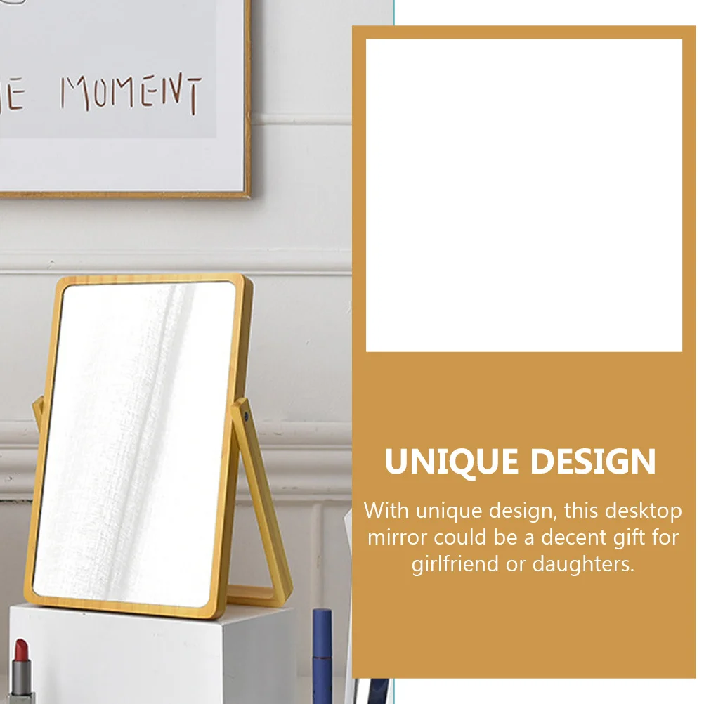 

Creative Wood Table Makeup Mirror Desktop Vanity Mirror Light Yellow for Bedroom Desktop Decor Dressing Table Adorn