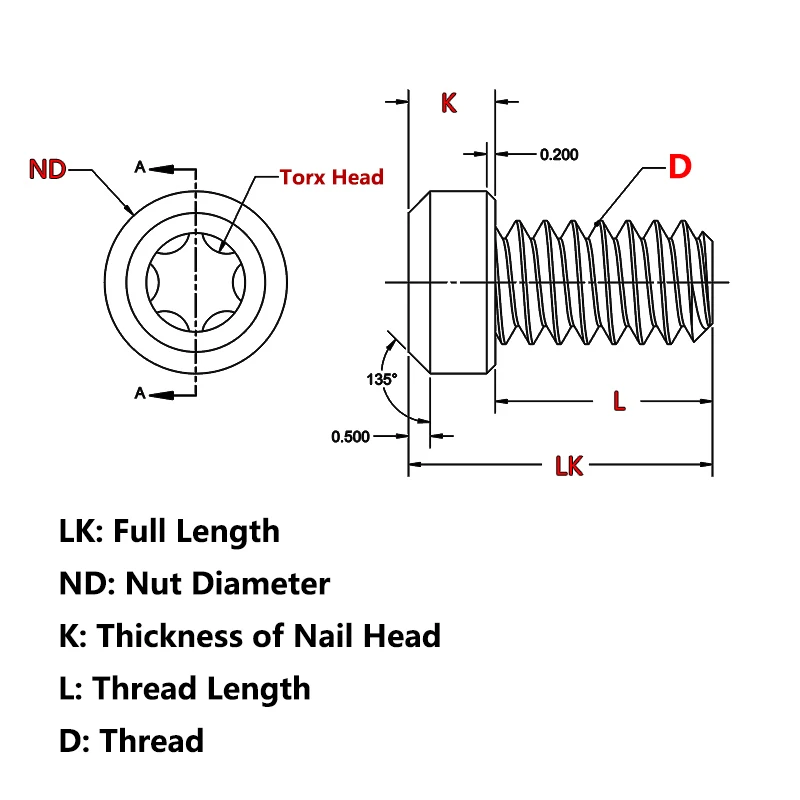 10pcs/lot 5 Sizes Titanium Alloy Knife Handle T6 Torx Head Screws M2.5 Thread Nails Fastener Rivets DIY Make Accessory Parts