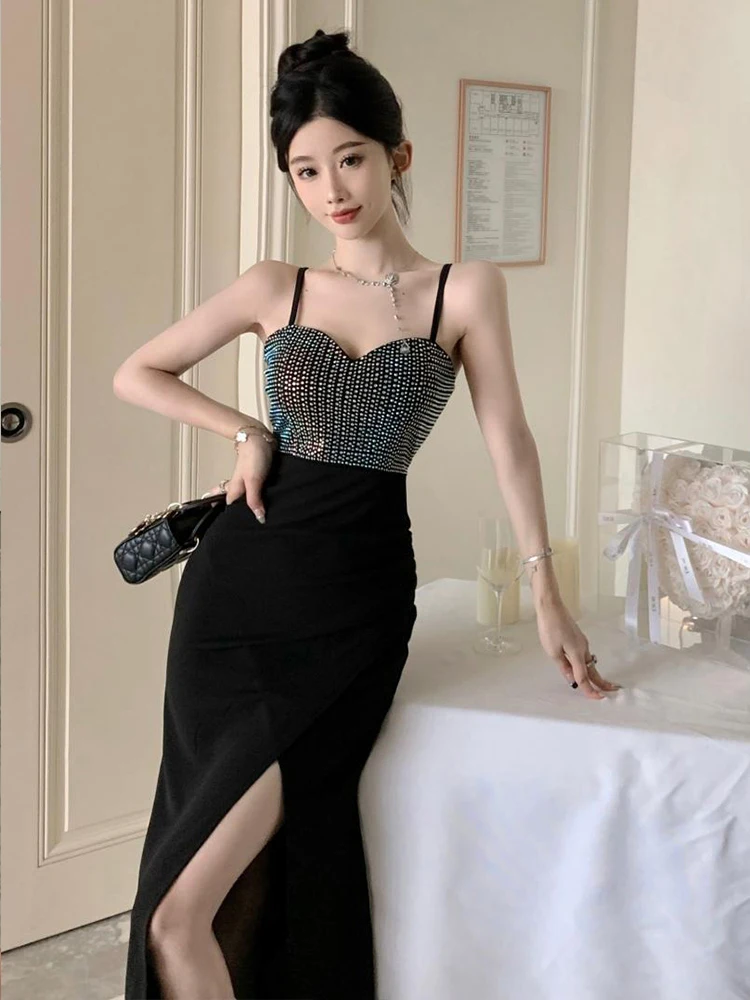 ชุดเดรสราตรีสีดำวิบวับ สายเดี่ยวเปิดหลัง ทรงเข้ารูป ดีไซน์หรูหรา สำหรับงานปาร์ตี้ คลับ งานพรอม แฟชั่นผู้หญิง สไตล์ใหม่