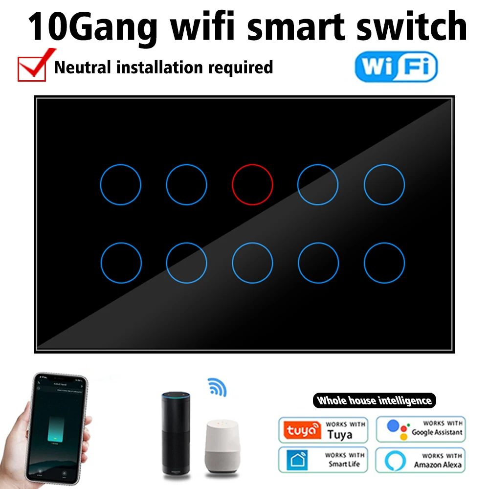 

10Gang Wifi Tuya Smart Touch Light Wall Switch Glass Panel Tuya App Compatible with Alexa Google Home whole house control