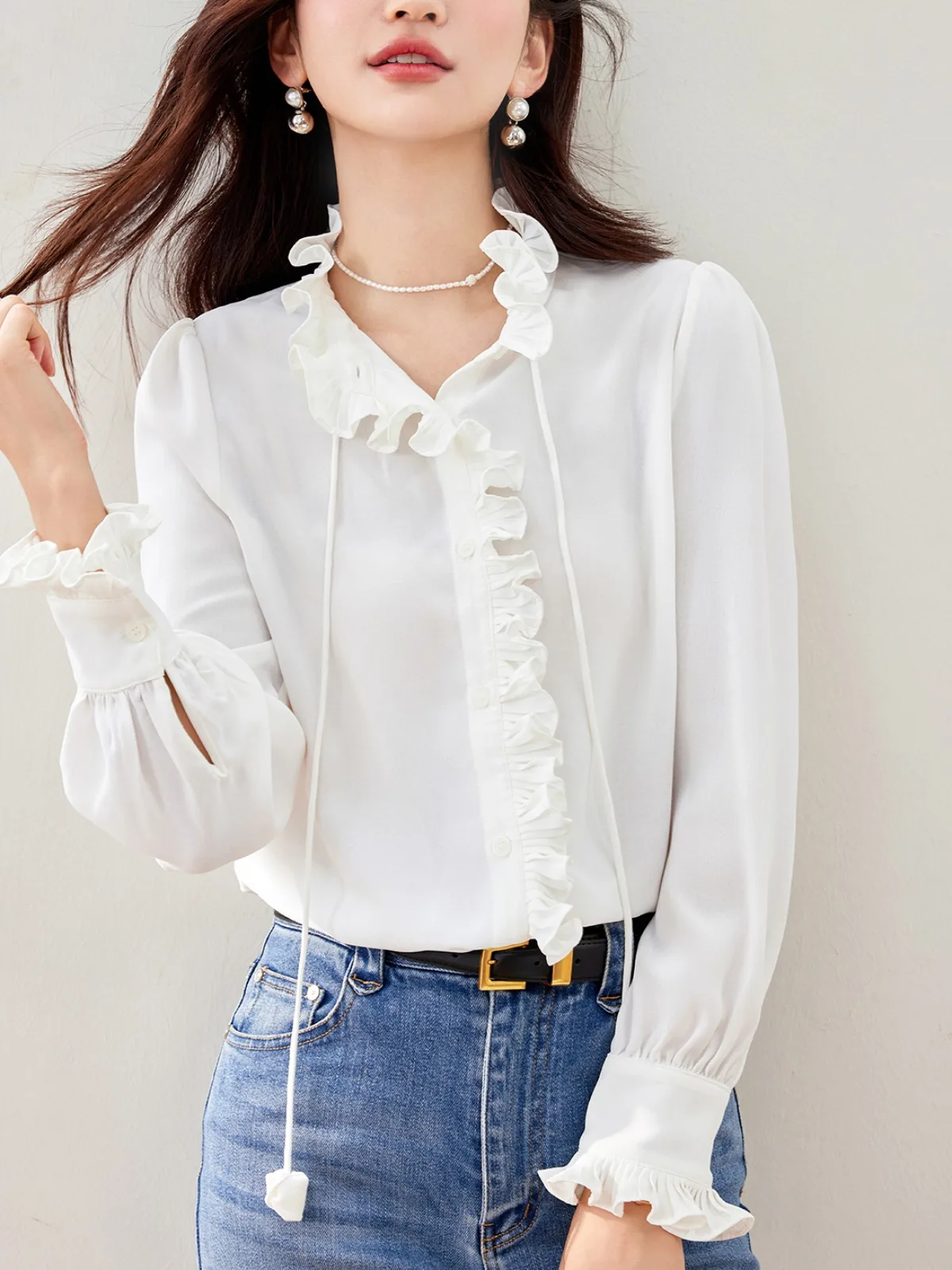 

Fashion White Long Sleeve Blouse Women Spring French Style Lace Trim Bow Tie Shirt