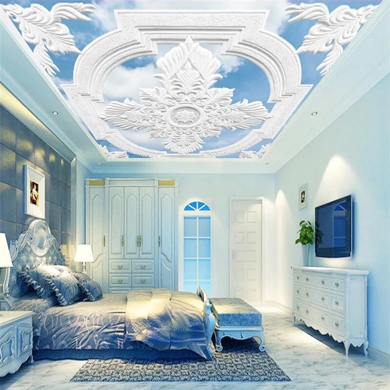 Customized wallpaper 3d white European-style carved blue sky white clouds mural ceiling TV background wall bedroom restaurant