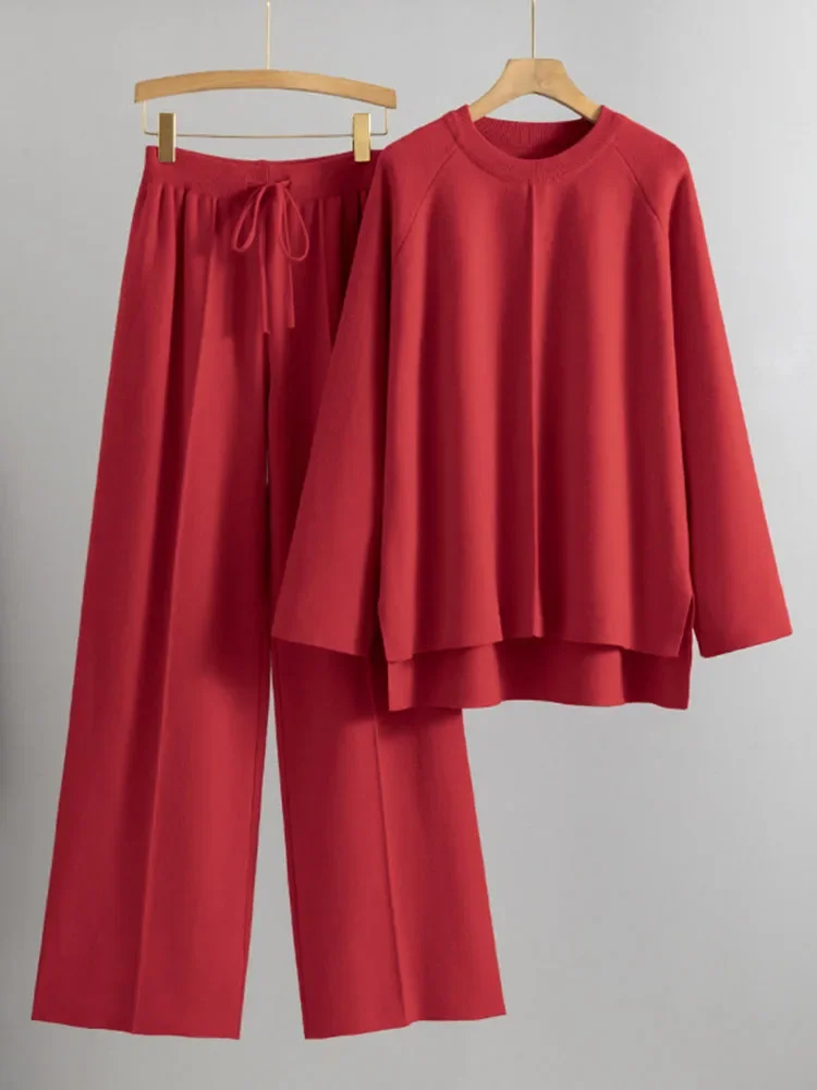

Women O-neck Long Sleeve Knitwears Sweater Tops Conjuntos Casual Loose Wide Leg Pants Outfit Fall Winter Solid Knit 2 Piece Sets