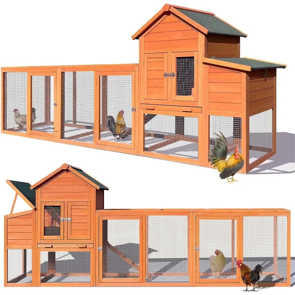 

122" Chicken Coop, 2 Story Poultry Cage W Run, Chicken Nesting Box, Pull Out Trays & Anti-Slip Asphalt Ramp, Wooden Hen House