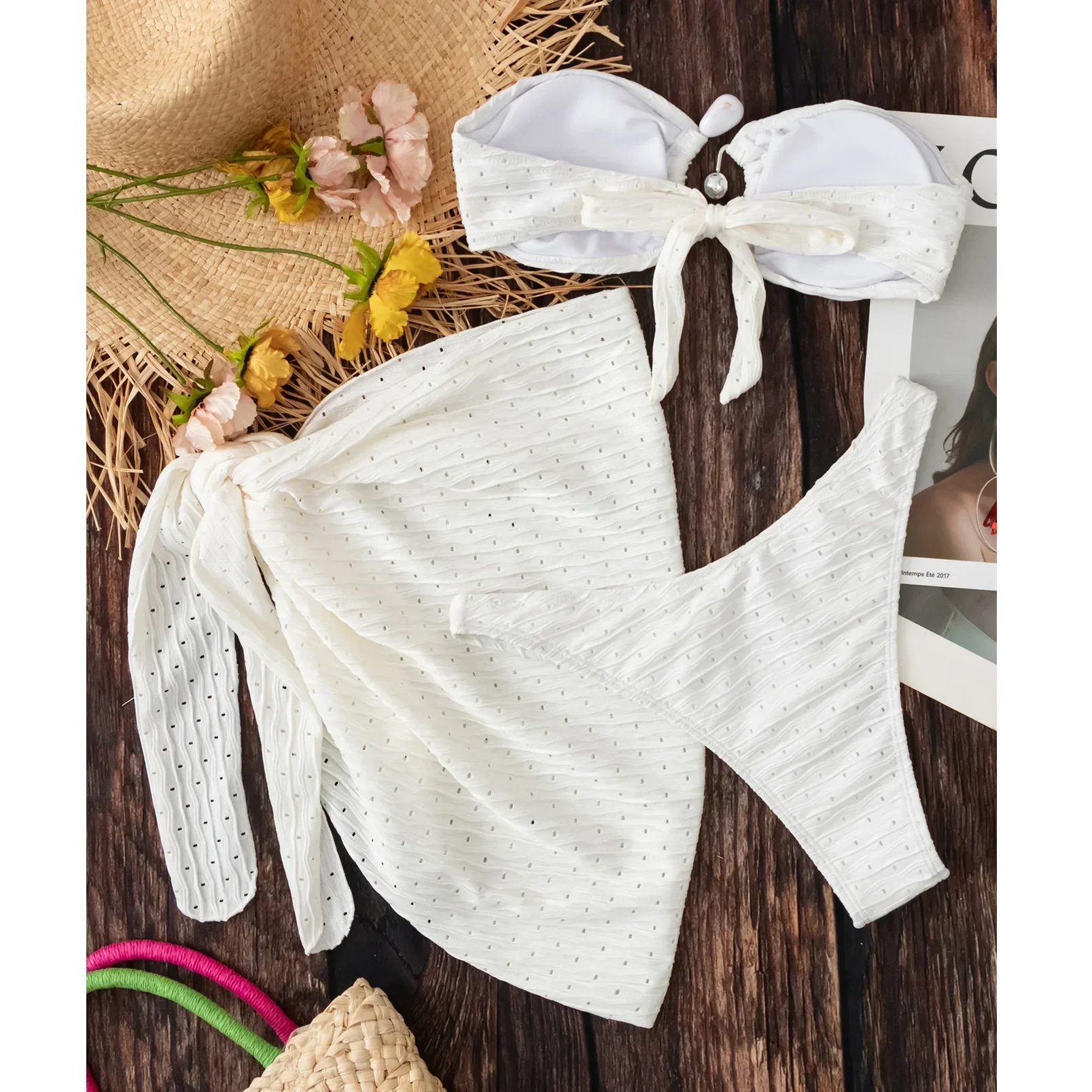 Conjunto de Bikini de tres piezas con falda para mujer, traje de baño Sexy, traje de baño unicolor con realce, ropa de playa 2024